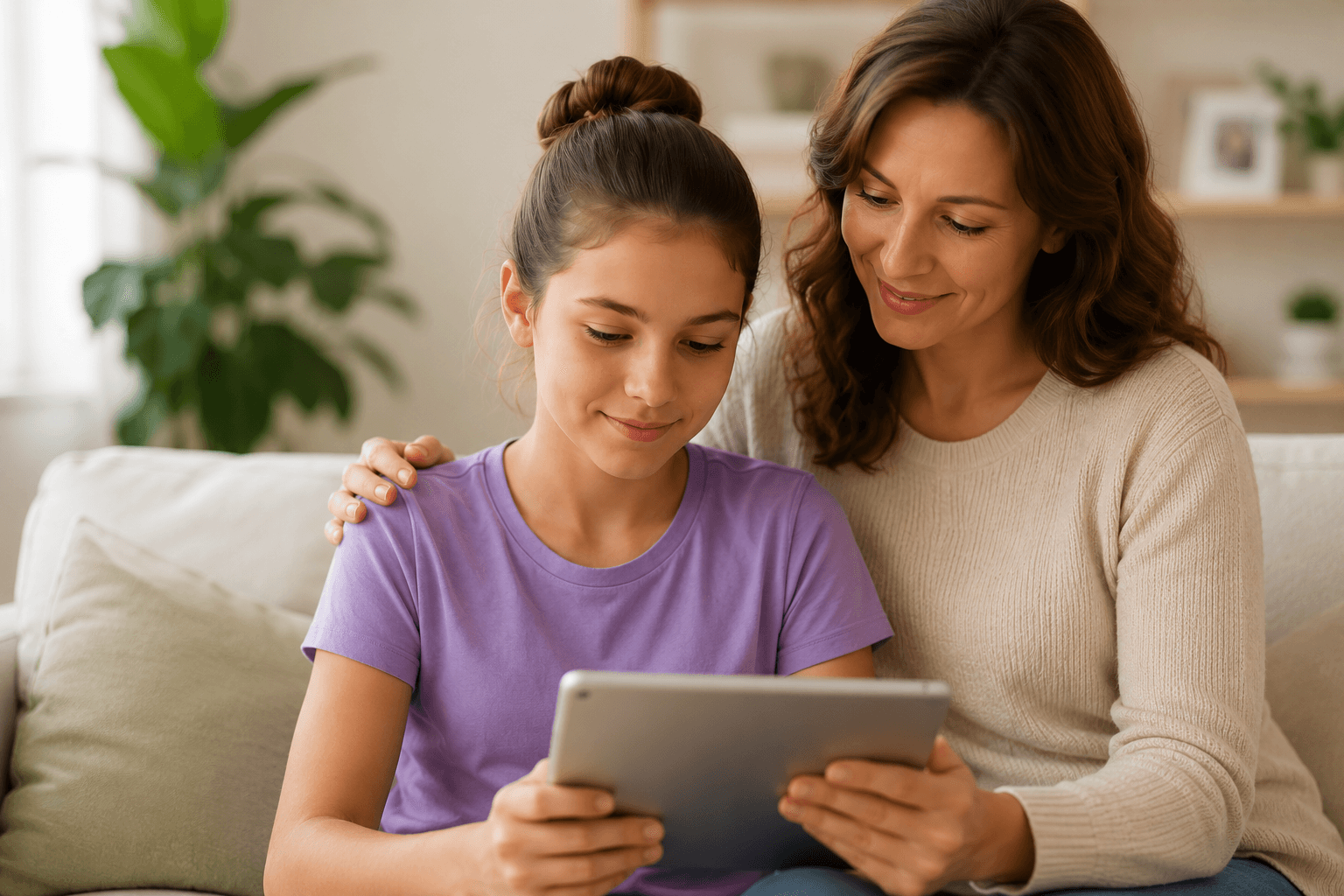 Parent and child reviewing scoliosis care information together